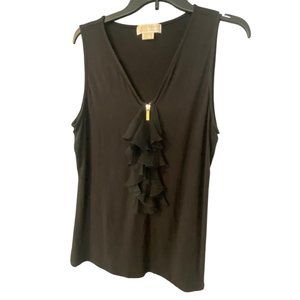 Michael Kors WomenTop Black Ruffle Front Sleeveless Gold Front Zip Shirt XL
